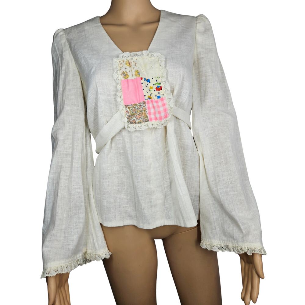 70s Cream Pheasant Top Wide Sleeves Boho Patchwork Chest Tie Back Belt Size Sm